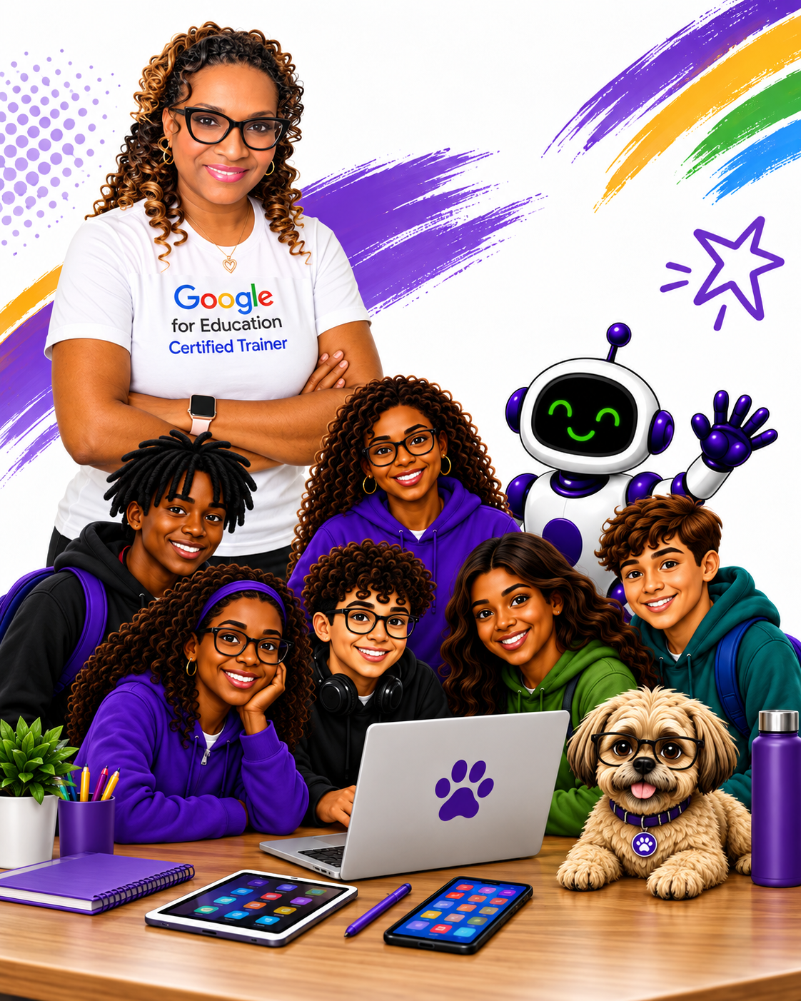 Angela D. Valentine with middle and high school learners, CODii, and Coco Pup gathered around technology