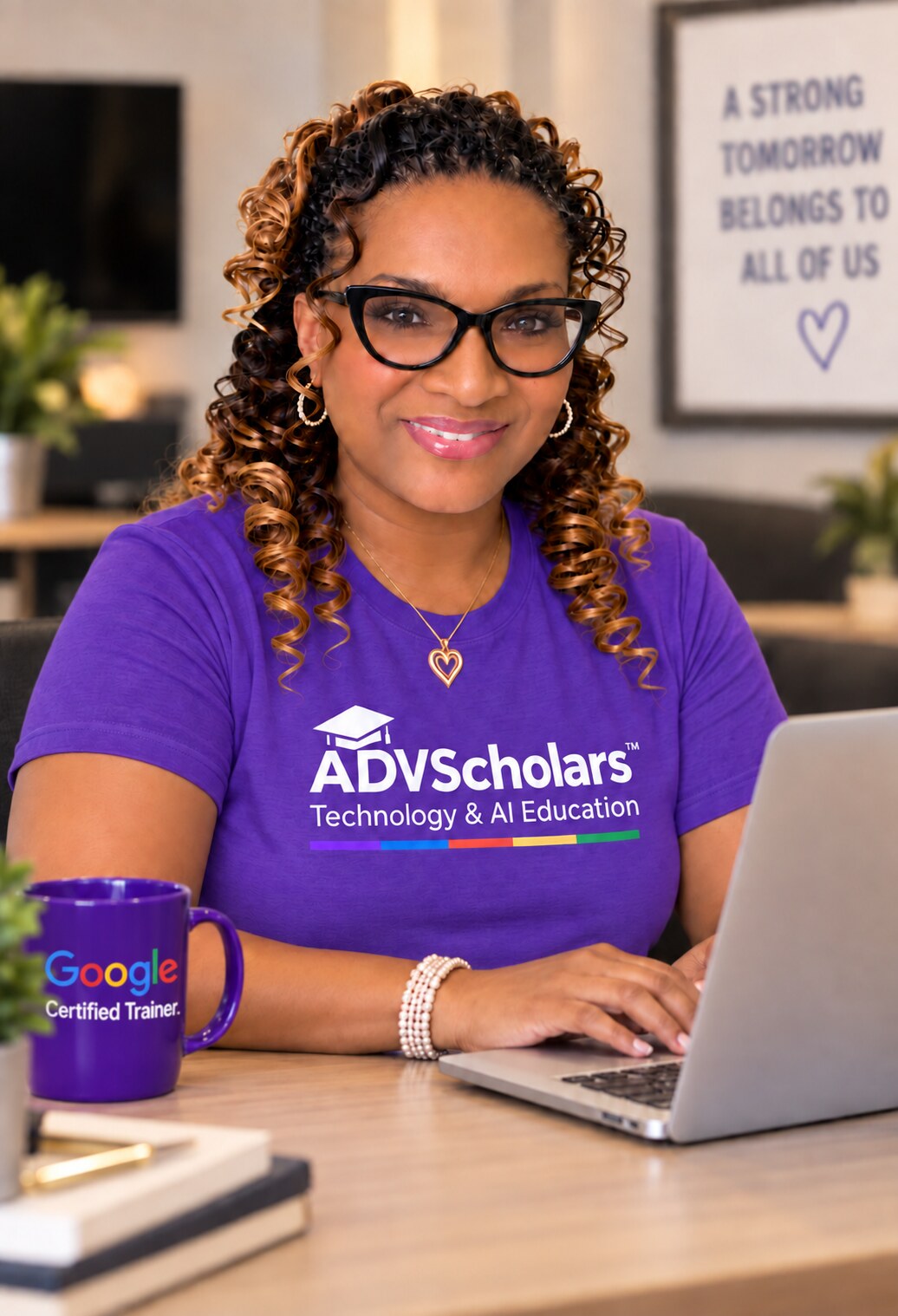 Angela D. Valentine wearing a purple ADVScholars Technology and AI Education shirt